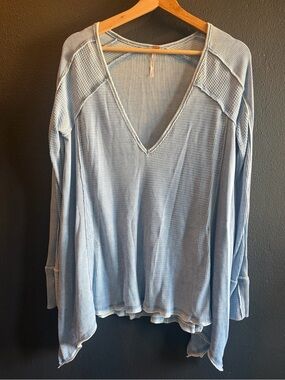 Free People Pale Blue V-Neck Waffle Knit Long Sleeve Top
